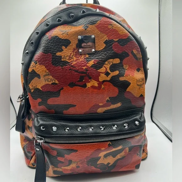 MCM Bags Mcm Fullsize Backpack Visetos Camo Orange With Blk